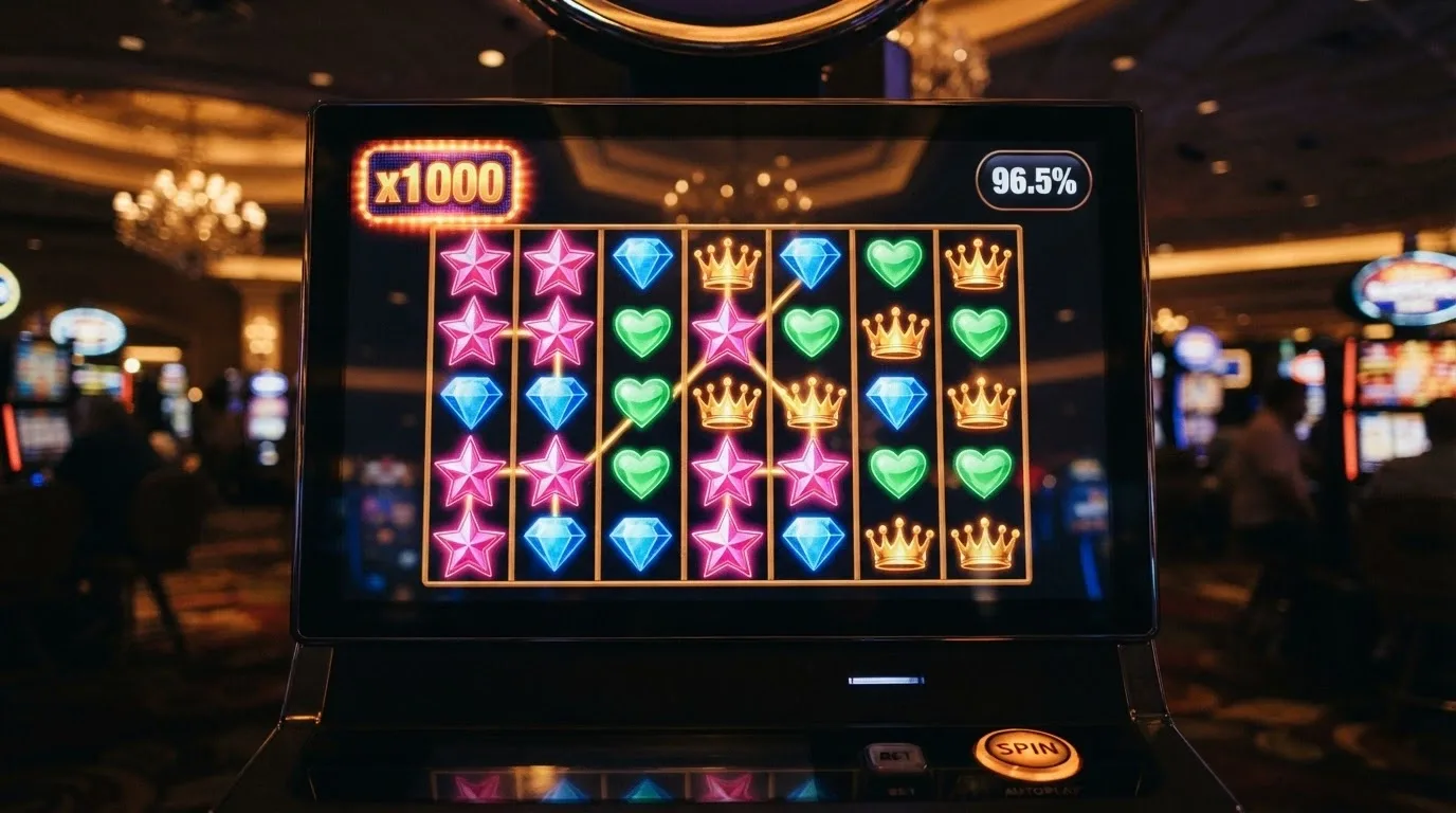 Una cuadrícula 6x5 del slot Starlight Princess 1000 con símbolos de colores brillantes, multiplicadores y el marcador de RTP destacado en una esquina