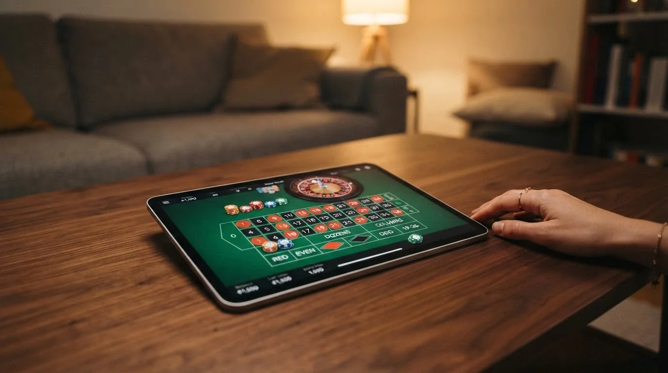 Una mesa de ruleta europea en modo demo sobre la pantalla de una tableta, con las fichas virtuales apiladas junto a los números y la interfaz del casino visible