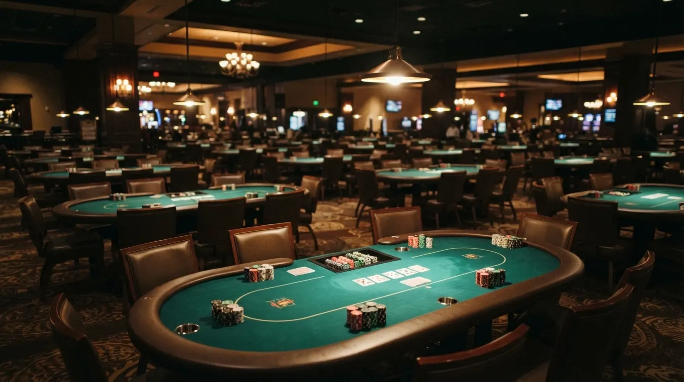 Sala de poker del Casino Barcelona con mesas de Texas Hold'em y Omaha PL en plena sesión de juego