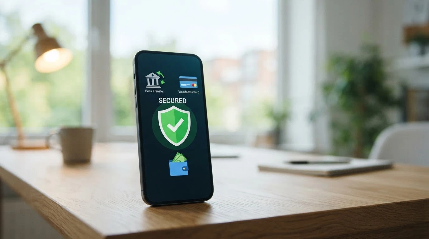 Un teléfono móvil con un escudo de verificación y los iconos de Bizum, tarjeta y monedero electrónico