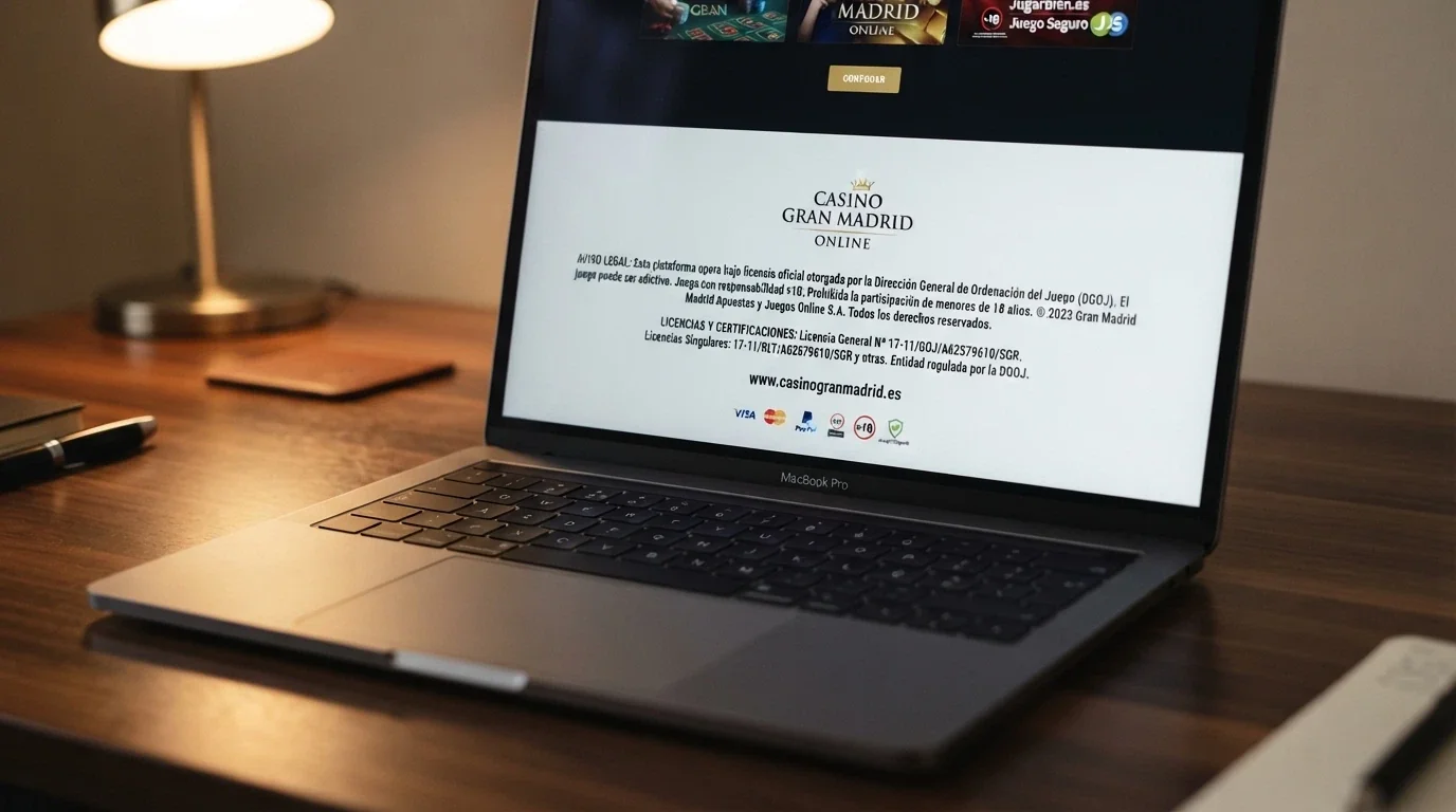Detalle del pie de página de un casino online español mostrando el sello de la DGOJ junto al aviso legal y el dominio .es