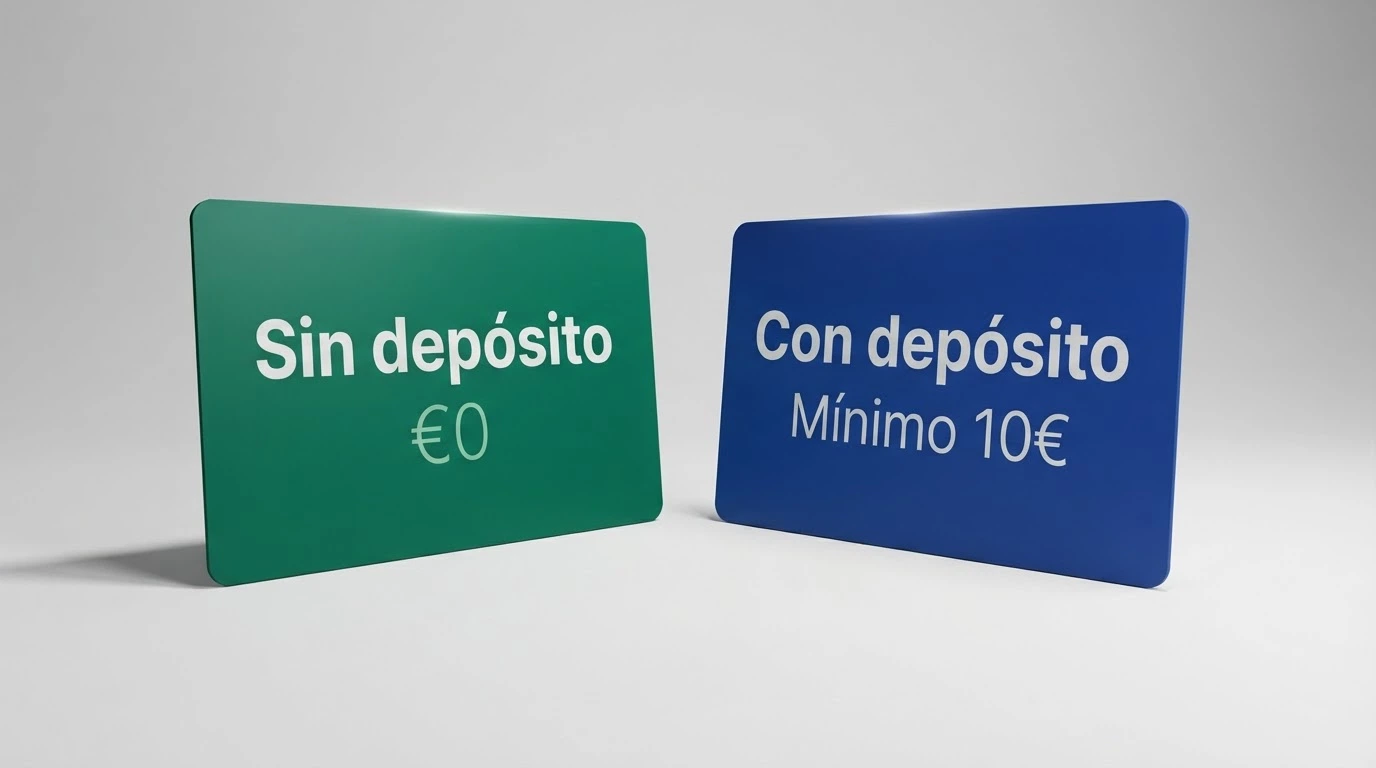 Dos caminos representados en una interfaz de casino: a la izquierda, un botón de «giros sin depósito» sin importe; a la derecha, un botón de «bono con depósito» con el texto «mínimo 10€».
