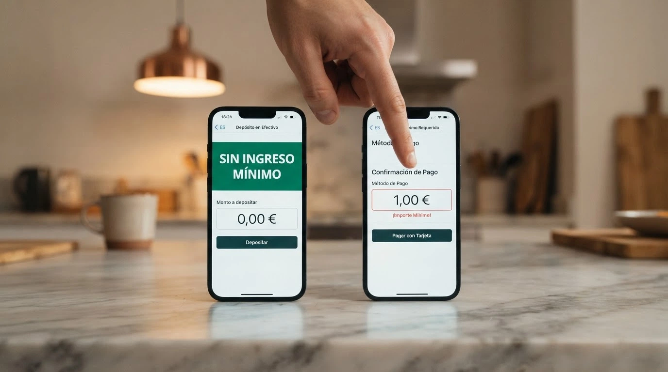 Comparativa visual entre dos pantallas de cajero: una con el texto «sin ingreso mínimo» y otra mostrando el suelo de 1€ que impone el método de pago