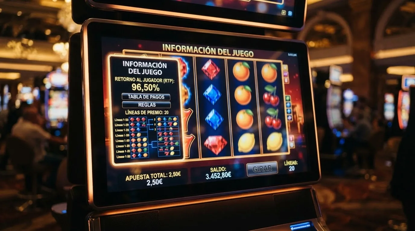 Interfaz de una tragamonedas online con el panel de información abierto mostrando el porcentaje de RTP y las líneas de pago