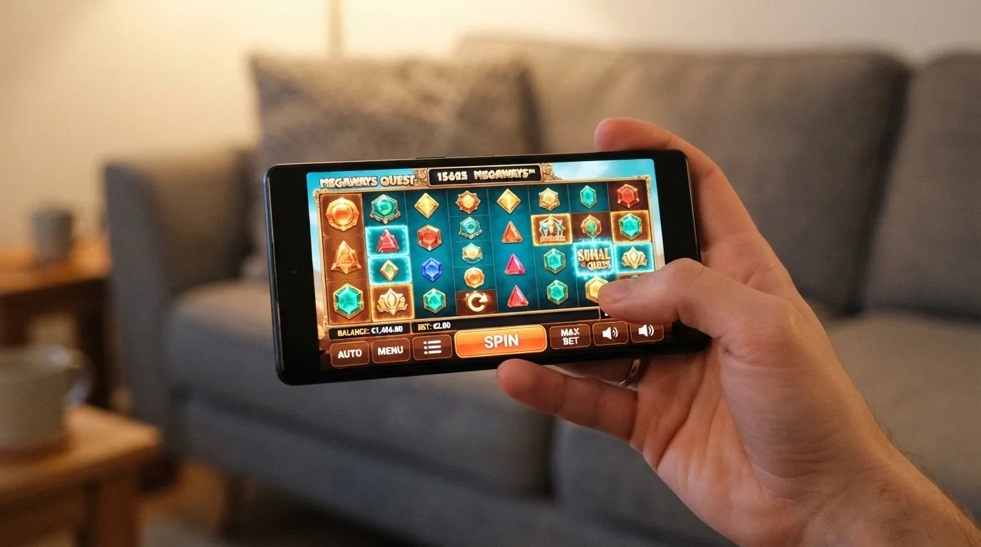 Una slot de Big Time Gaming funcionando en un teléfono móvil en modo apaisado con controles táctiles visibles