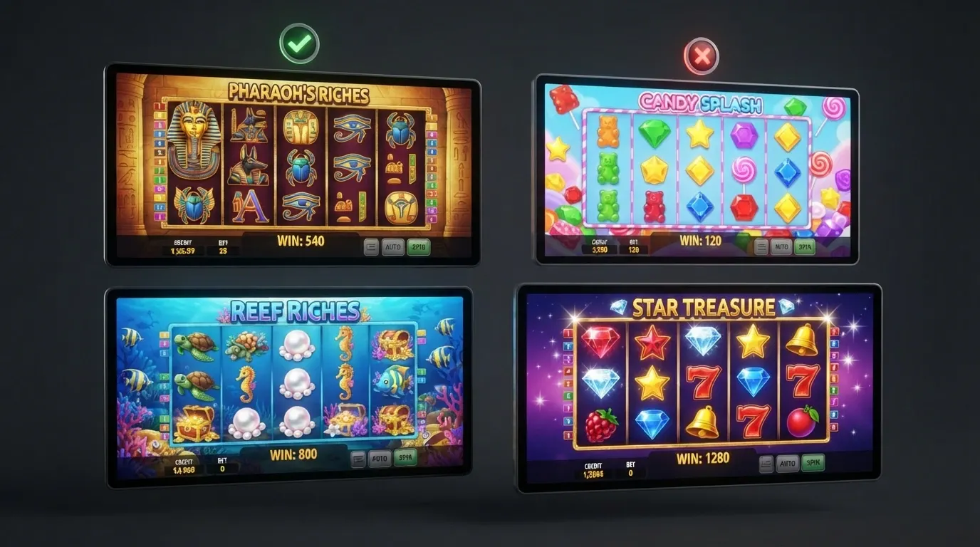 Una cuadrícula de tragamonedas populares — Book of Dead, Sweet Bonanza, Starburst, Queen of Pyramids — con un indicador de «elegible para bono» sobre cada una