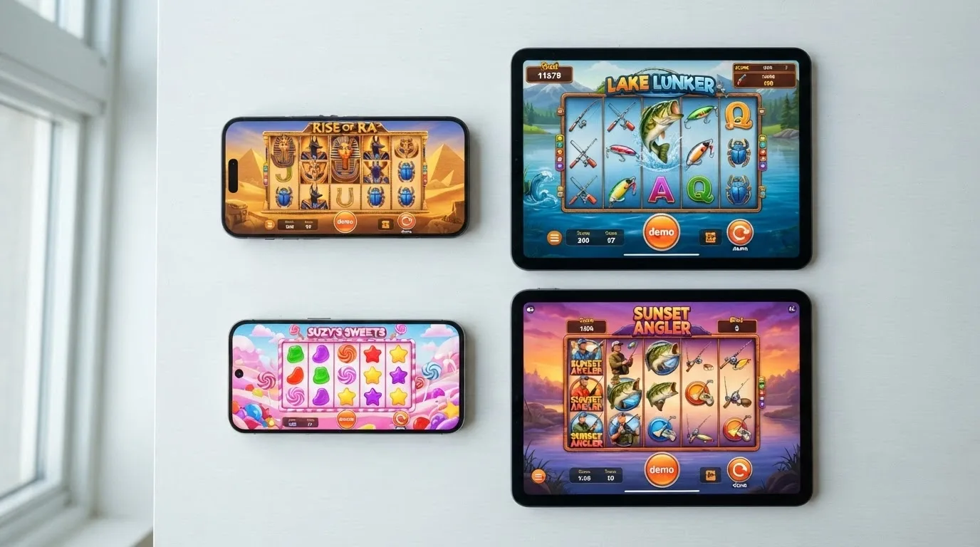 Una cuadrícula de cuatro carátulas de slots populares (Book of Dead, Sweet Bonanza, Big Bass Splash, Big Bass Bonanza) con el botón «demo» visible bajo cada una