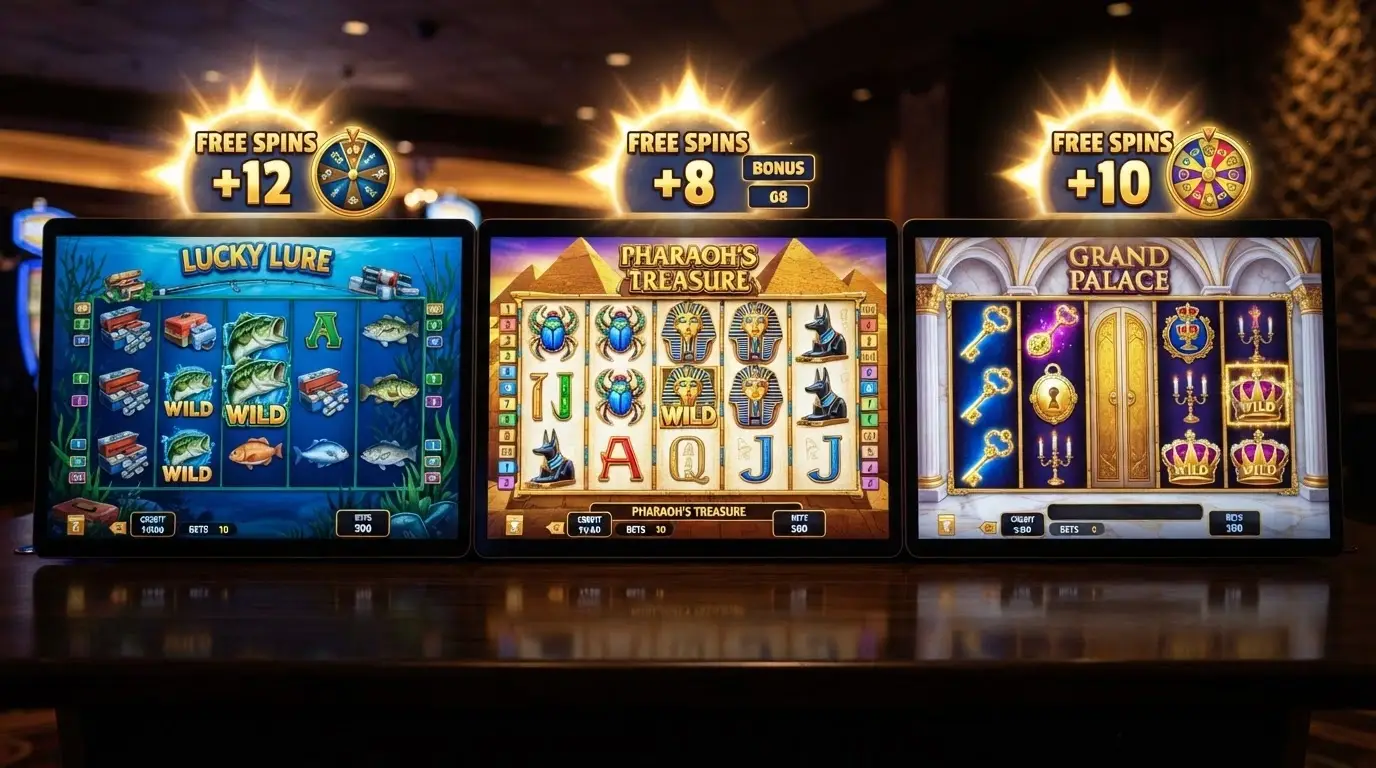 Una cuadrícula con tres slots populares en casinos españoles: Big Bass Splash, Queen of Pyramids y Gates of Casino Barcelona, con el símbolo de giros gratis sobre cada una.