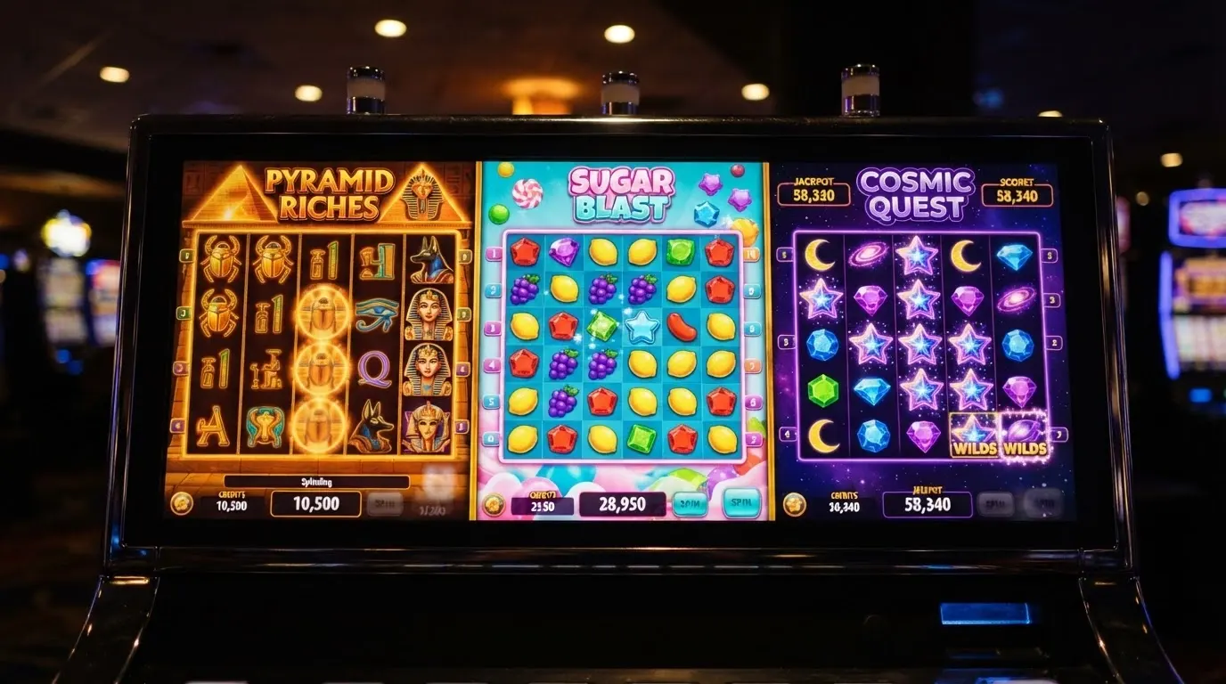 Collage de tragaperras populares: Book of Dead, Sweet Bonanza y Starburst en pantalla