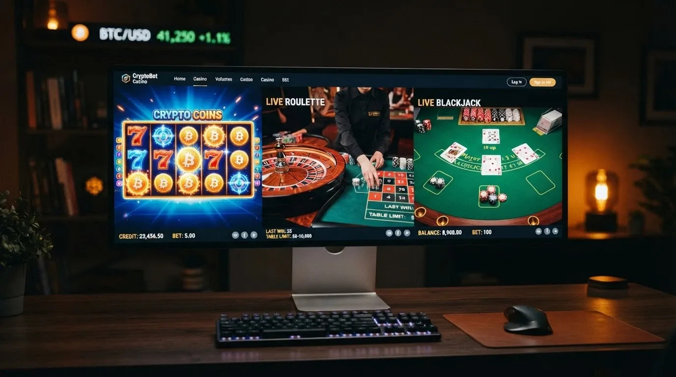 Collage de tres pantallas de juego: una tragaperras colorida con rodillos girando, una ruleta en vivo con crupier y una mesa de blackjack