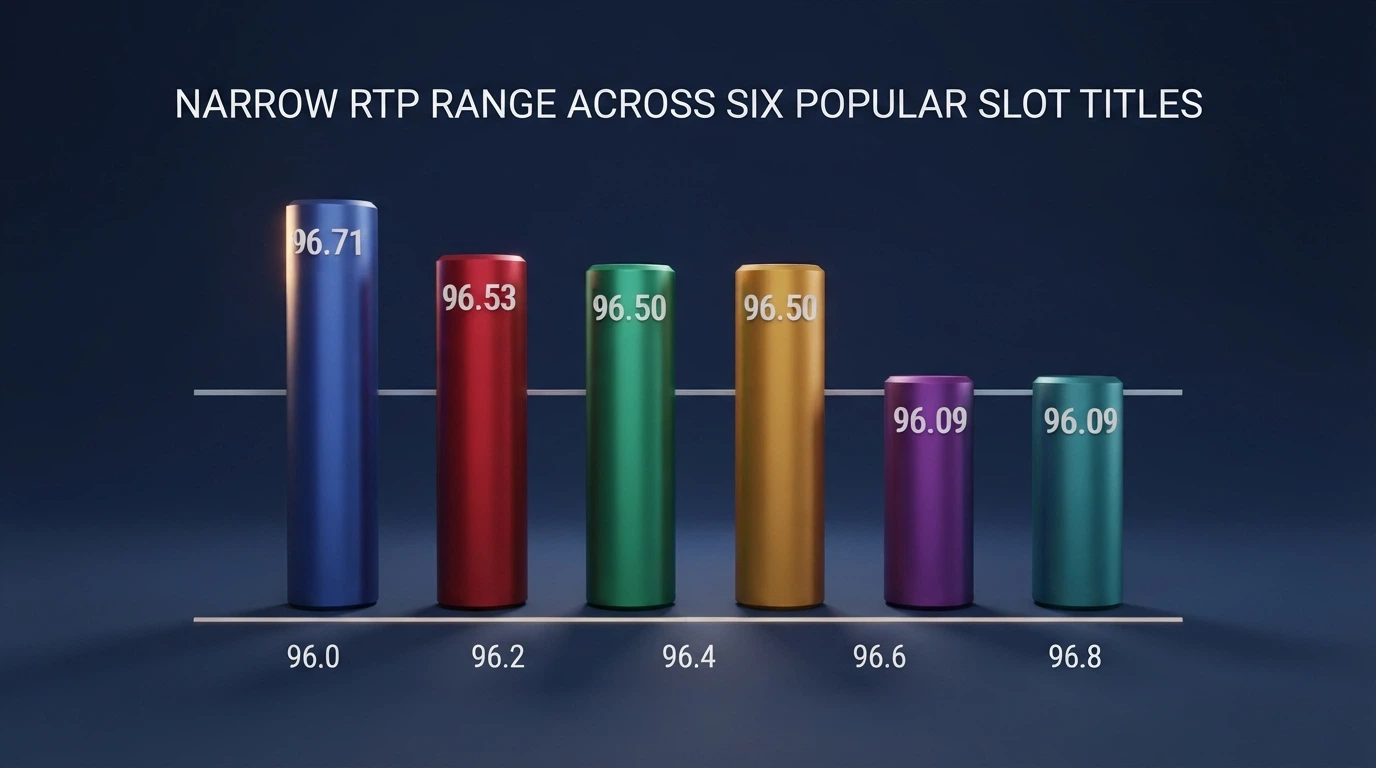Collage visual de las seis tragaperras analizadas con su porcentaje de RTP flotando sobre cada una, ordenadas de mayor a menor rentabilidad teórica