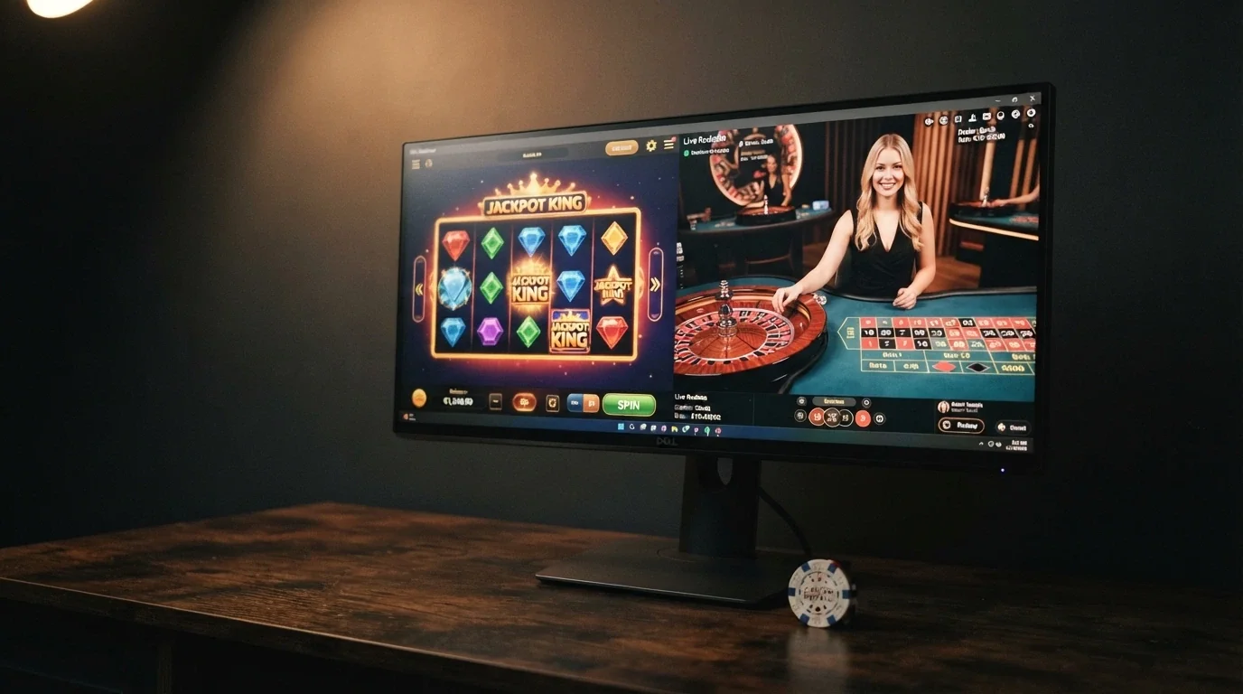Cuadrícula de portadas de tragaperras junto a una mesa de ruleta en vivo con crupier real en pantalla