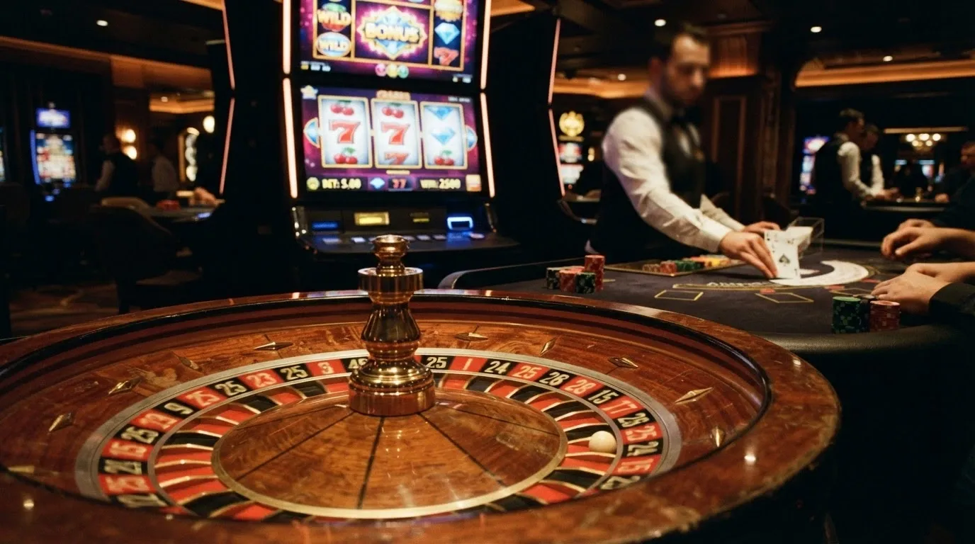 Collage de pantallas de juego: slot colorida, mesa de ruleta con crupier en vivo, interfaz de blackjack