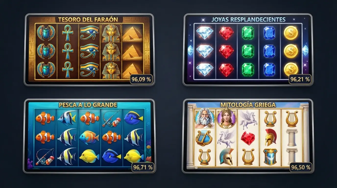 Una cuadrícula de cuatro pantallas de slot (Book of Dead, Starburst, Big Bass Bonanza, Gates of Olympus) con su RTP impreso en la esquina inferior derecha de cada una