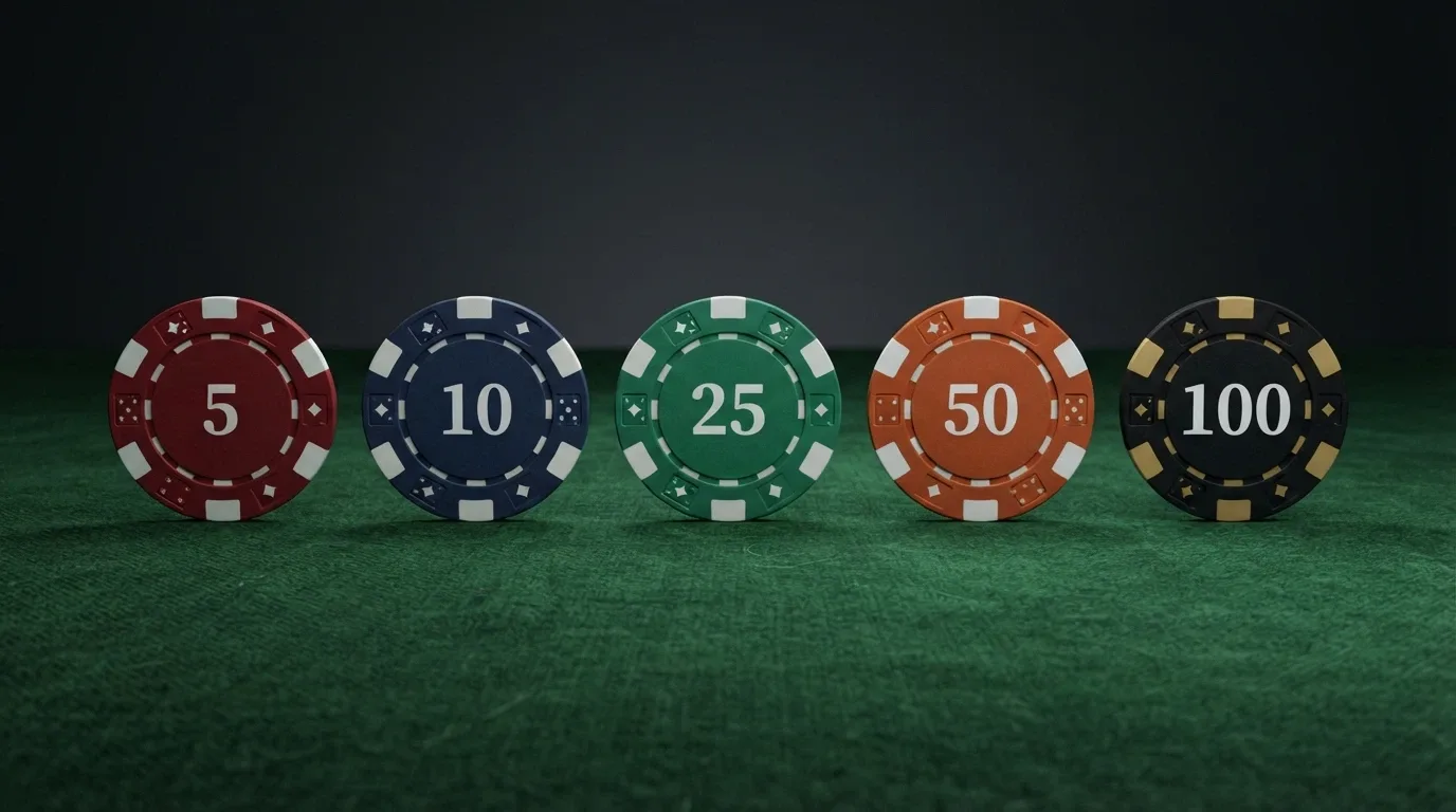 Representación visual de una tabla con fichas de casino alineadas, cada una con su importe mínimo de depósito resaltado en un color distinto
