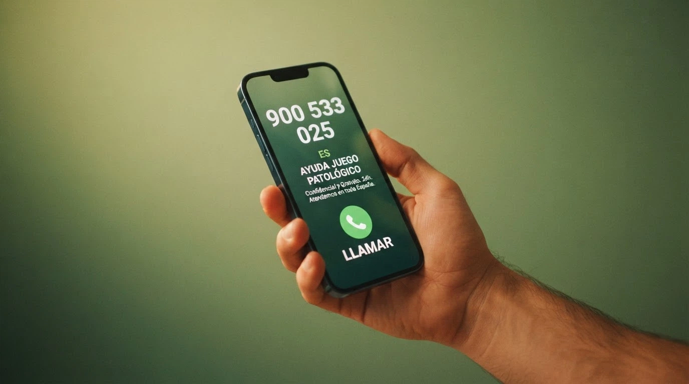 Teléfono móvil mostrando en pantalla el número 900 533 025 de ayuda de FEJAR sobre un fondo verde con las palabras «Juego Responsable»