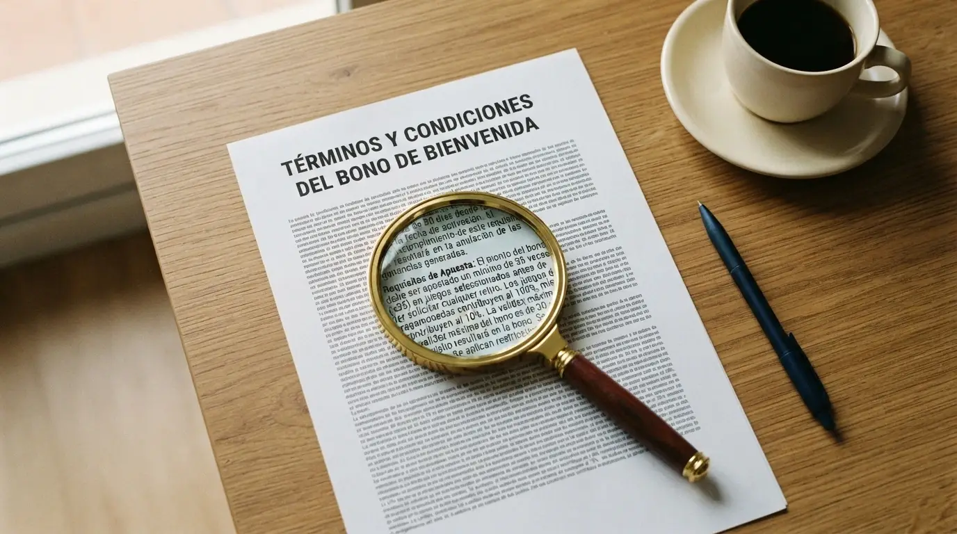 Contrato de términos y condiciones con lupa sobre las cláusulas de bono de bienvenida