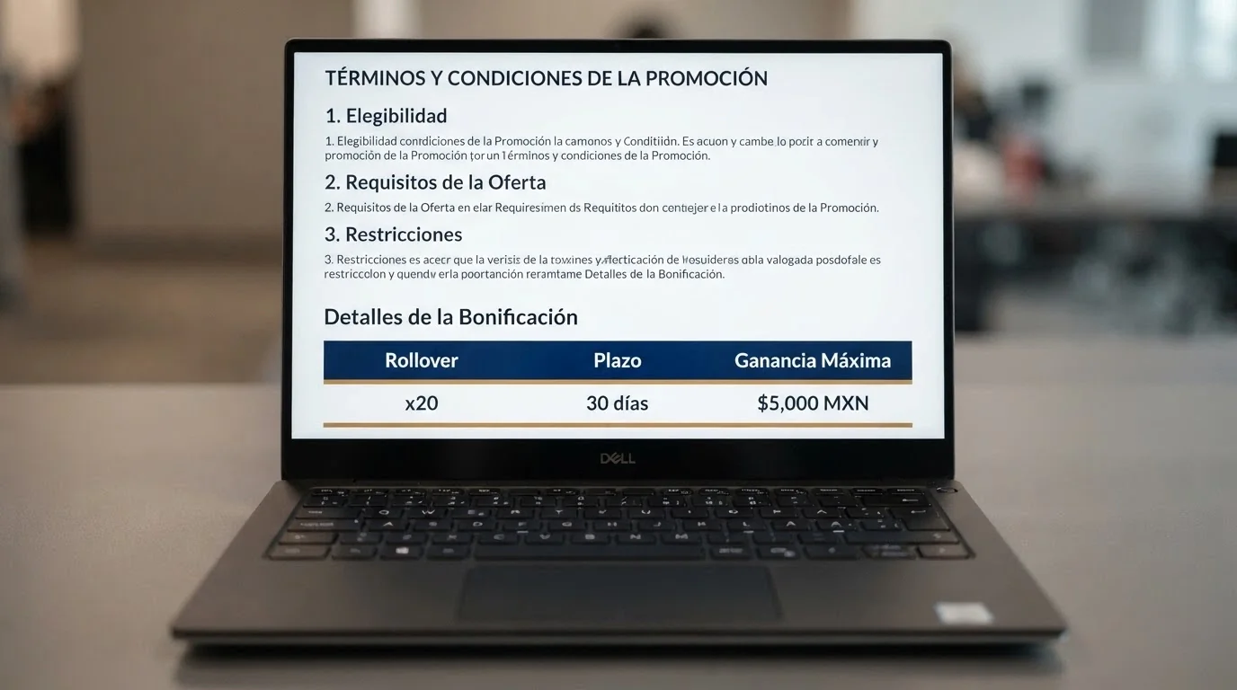 Primer plano de los términos y condiciones de un bono sin depósito en la web de un casino español, con los apartados de rollover y validez resaltados