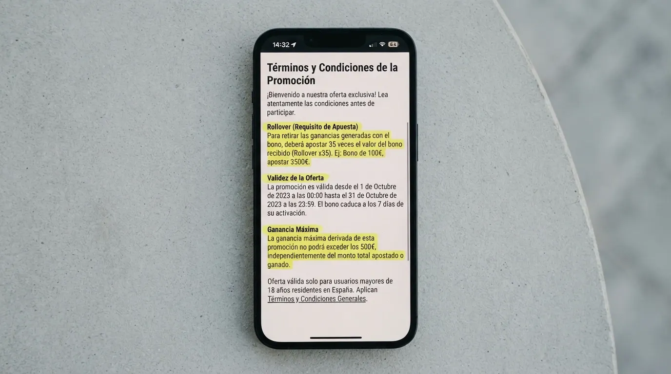 Primer plano de los términos y condiciones de una promoción de tiradas gratis en la pantalla de un móvil, con los apartados de rollover, validez y ganancia máxima subrayados