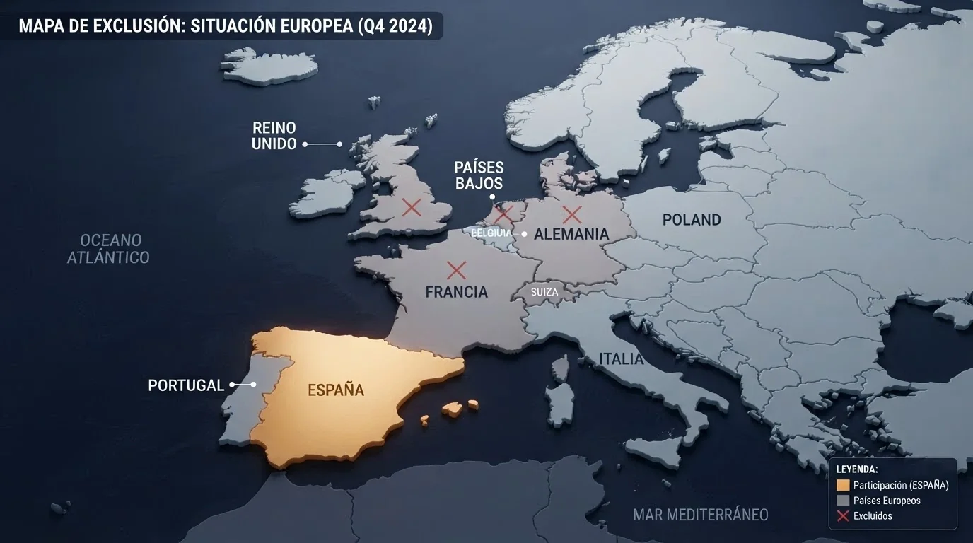 Mapa esquemático con España resaltada entre los territorios que la propia licencia de Anjouan excluye de su cobertura, junto a países como Francia, Alemania y Reino Unido