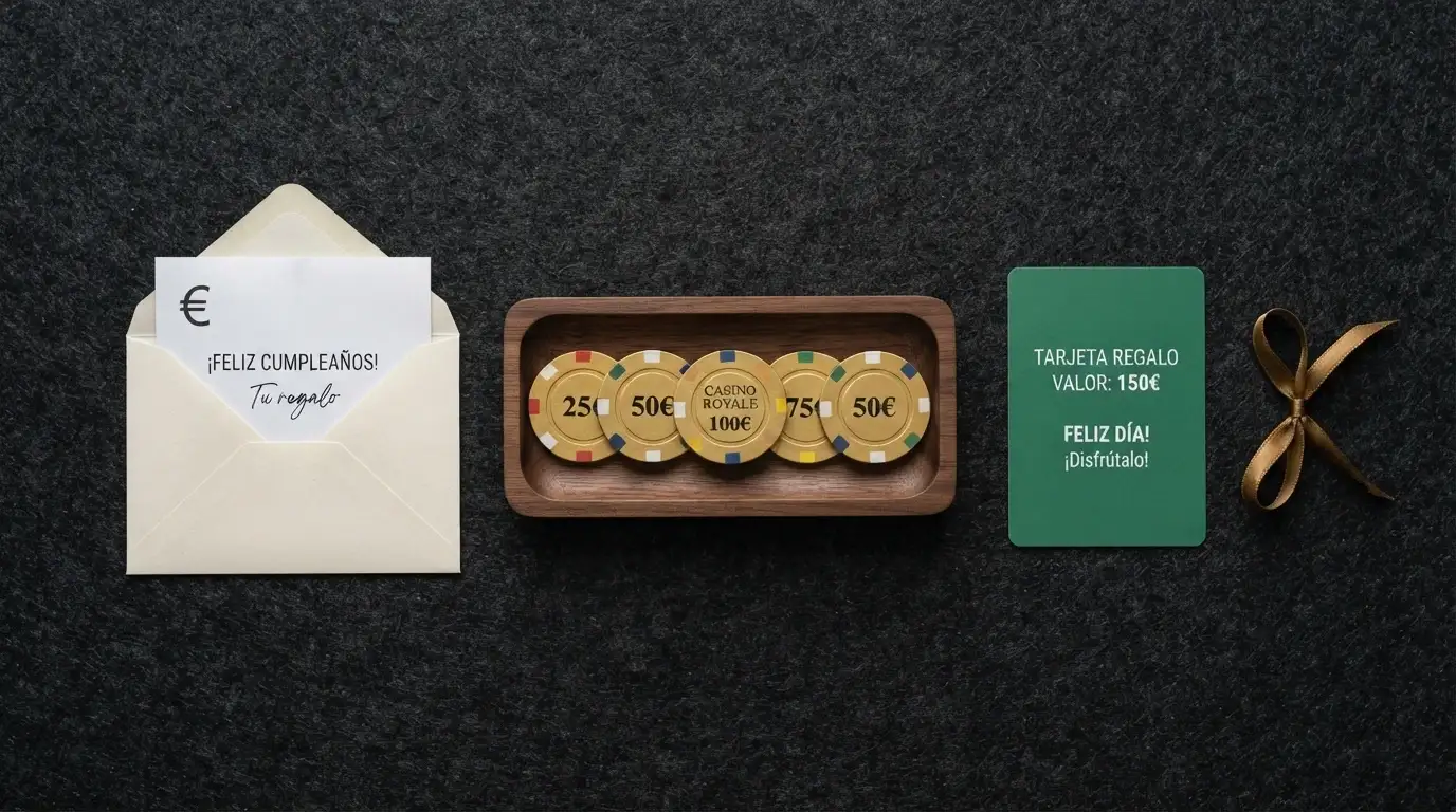 Comparativa visual de tres tipos de recompensa de cumpleaños: un sobre de saldo extra, un conjunto de monedas representando tiradas gratis y una tarjeta de regalo