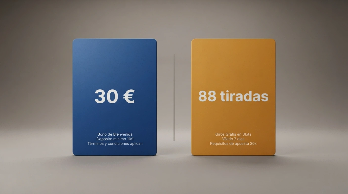 Dos tarjetas comparativas: una con el texto «30 € en crédito de bono» y otra con «88 tiradas gratis», cada una con sus condiciones en letra pequeña debajo