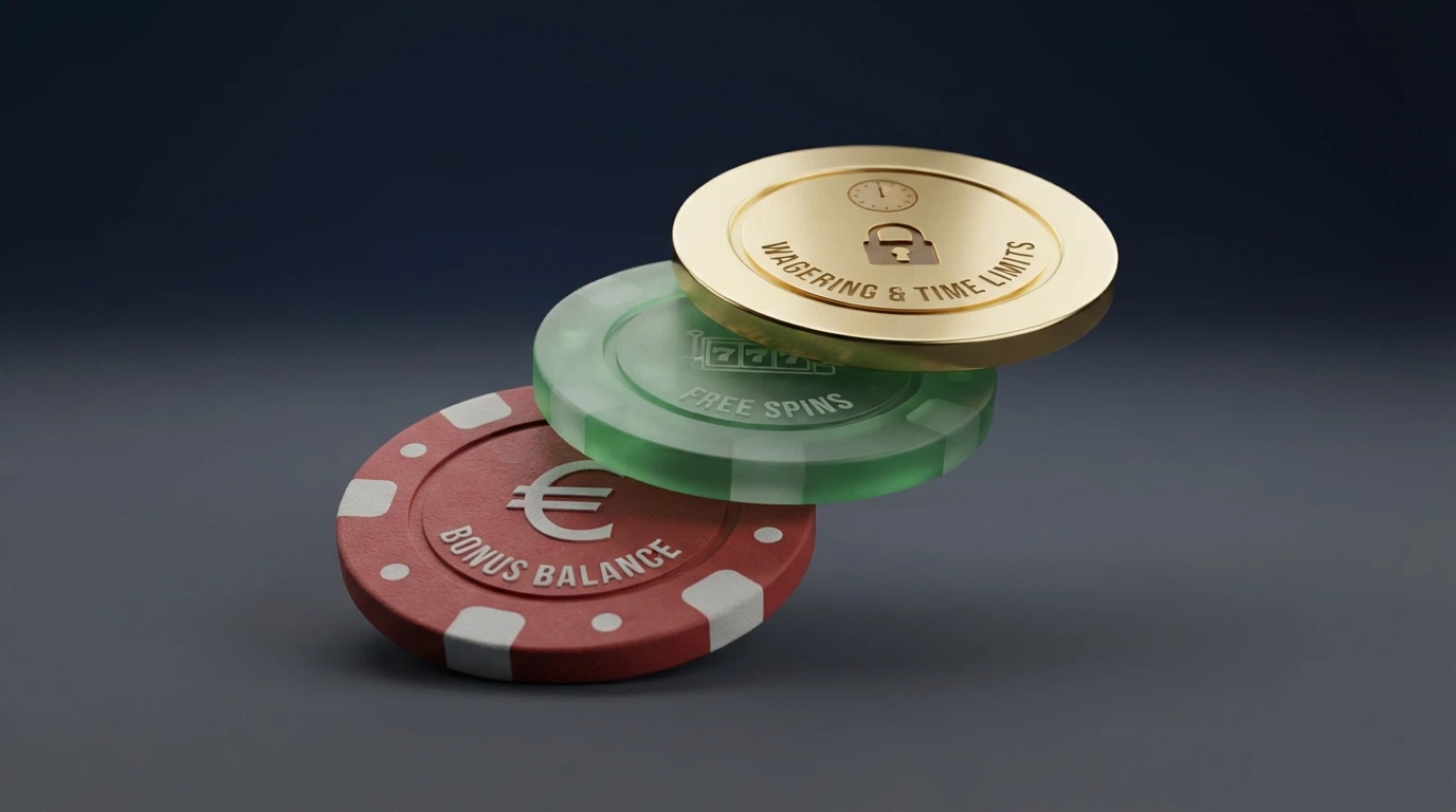 Tres fichas de casino apiladas con etiquetas distintas: una muestra un símbolo de euro tachado, otra un carrete de tragaperras girando y la tercera un reloj junto a un candado