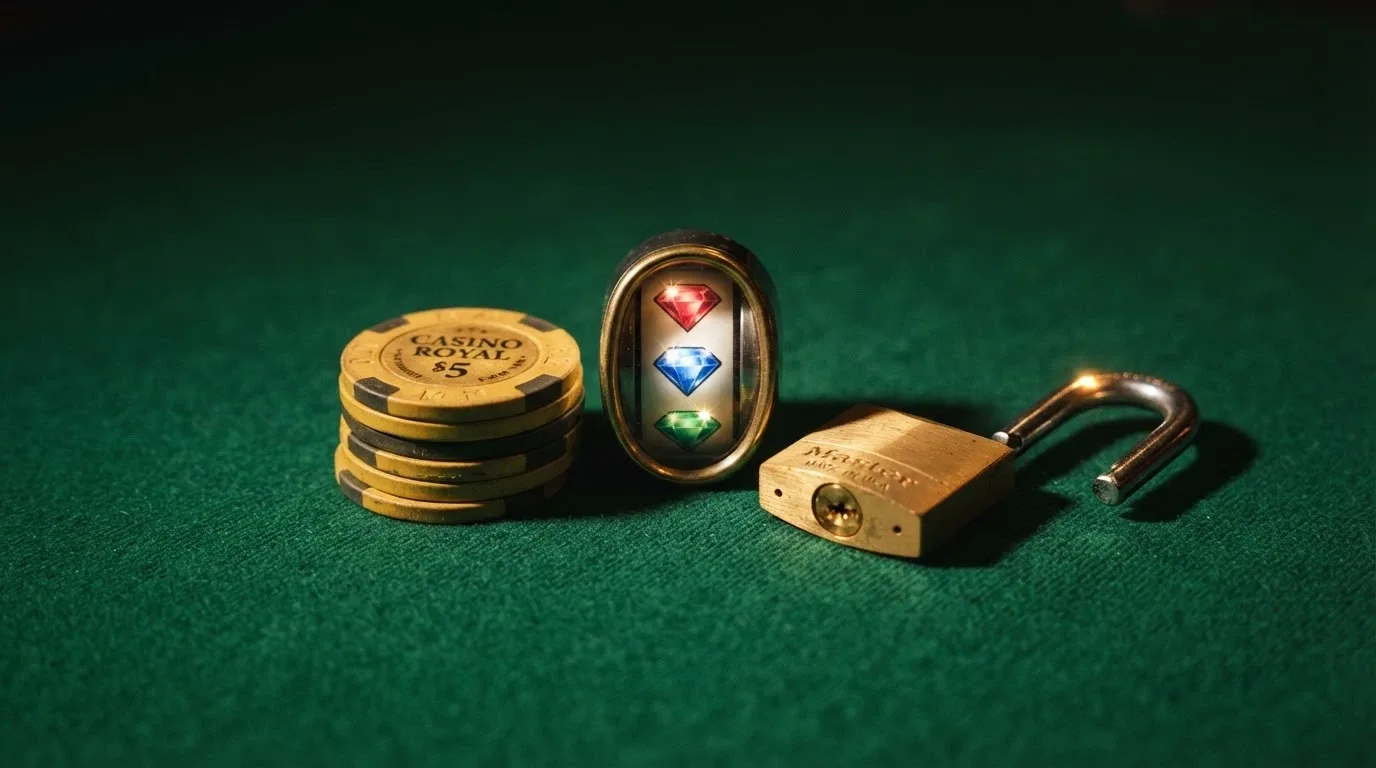 Iconografía de bonos de casino: giros gratis, porcentaje de igualación, símbolo de candado representando el requisito de apuesta