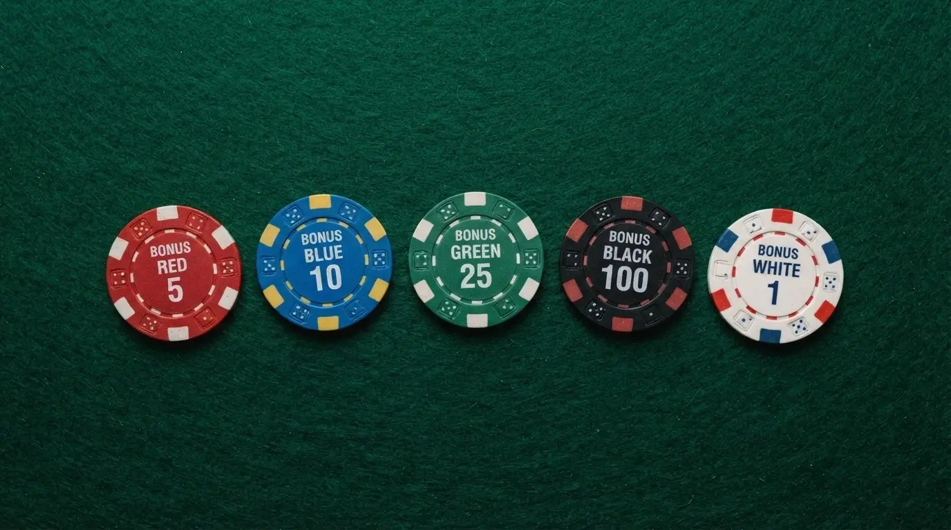 Fichas de casino con distintas etiquetas representando tipos de bono