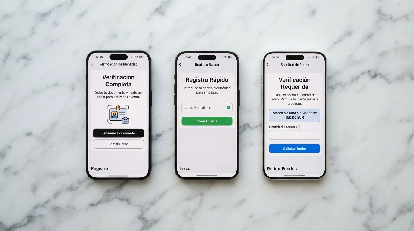 Comparativa visual de tres procesos de registro: uno con DNI y selfie (KYC completo), otro solo con email (sin verificación inicial) y un tercero que pide documentos al llegar a un umbral de retiro (KYC diferido)