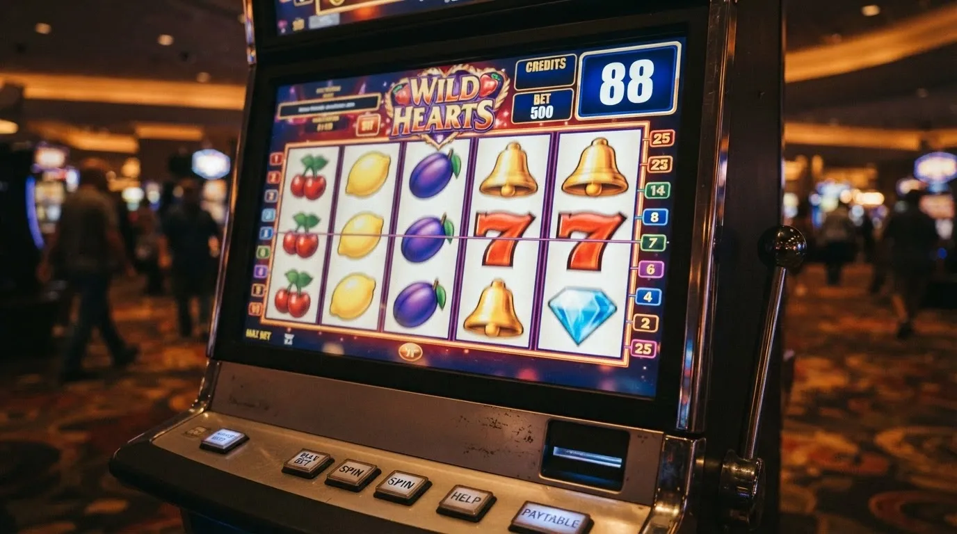 Una slot machine digital con el contador de tiradas gratis en primer plano (88 giros) y los rodillos girando con símbolos de frutas y campanas doradas