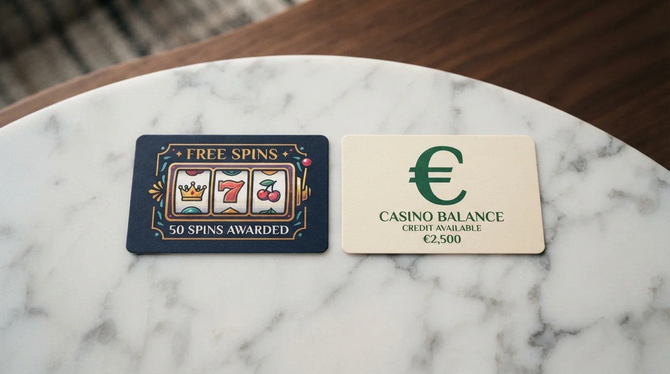 Dos cartas de oferta una al lado de la otra: una mostrando giros gratis sobre una tragaperras, otra mostrando un monedero con saldo en euros