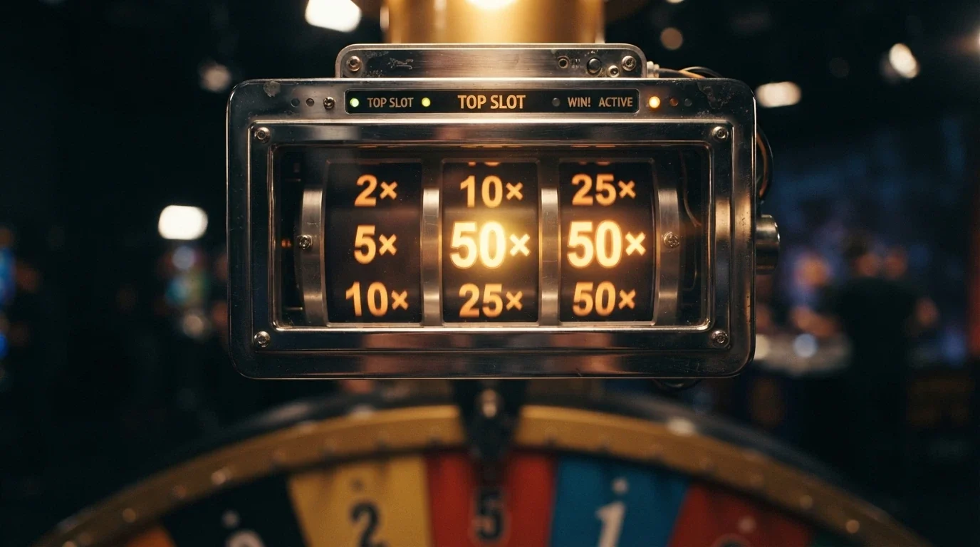 El Top Slot de dos rodillos sobre la rueda de Crazy Time mostrando un multiplicador activo de 50× asignado a un segmento