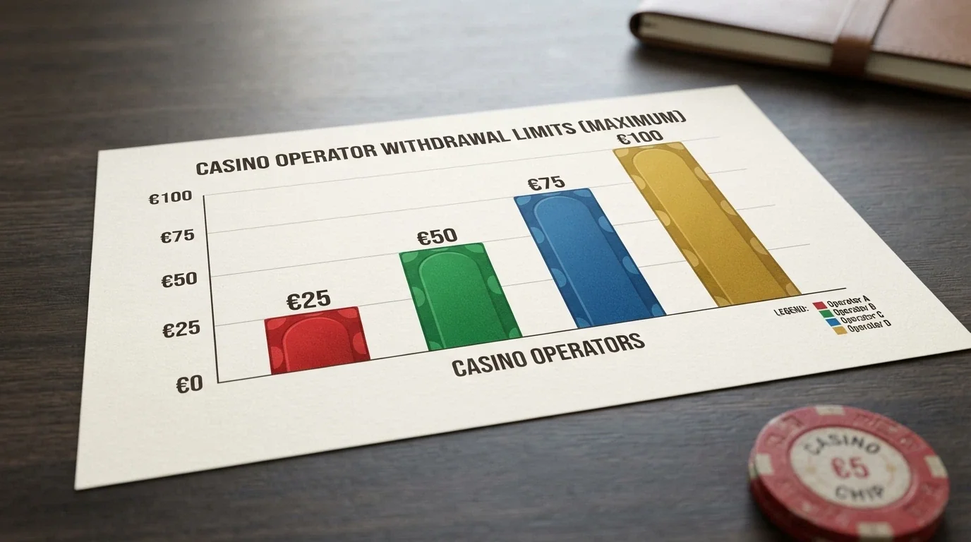 Gráfico de barras comparativo con los topes de ganancia de distintos bonos sin depósito, sobre un escritorio con elementos de casino