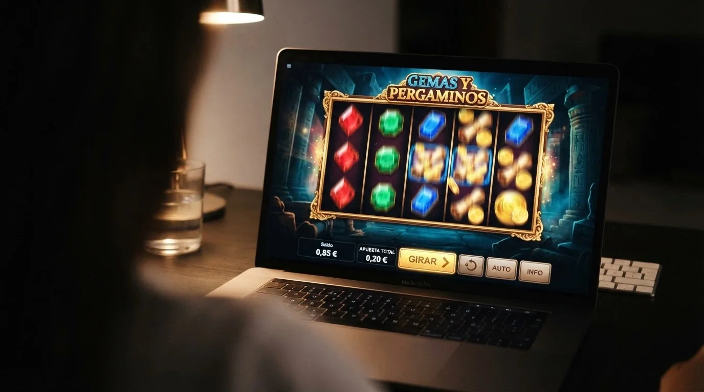 Captura de pantalla de una tragaperras online con los rodillos en movimiento y el indicador de saldo mostrando 0,85 € restantes de un depósito original de 1 €