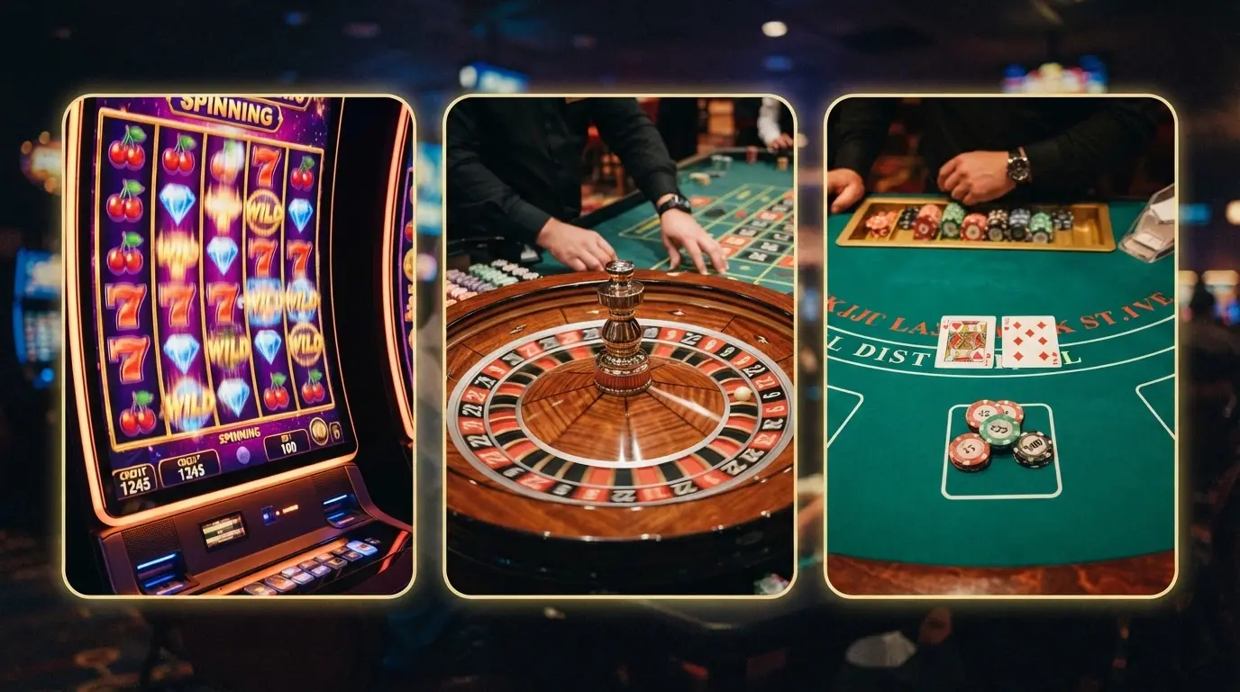 Collage de tres miniaturas: una tragaperras online colorida, una ruleta en vivo con crupier y una mesa de blackjack con la interfaz de un casino .es