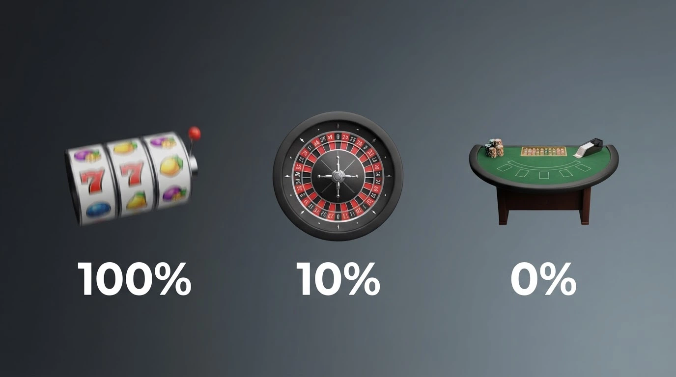Tres iconos de juego —tragaperras, ruleta y mesa de casino en vivo— con un porcentaje distinto de contribución al rollover debajo de cada uno