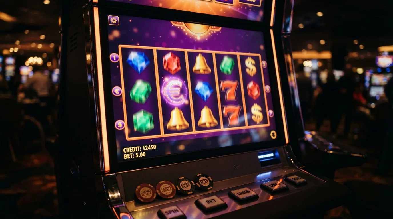 Una pantalla mostrando el carrete de una tragaperras online colorida con el símbolo de USDT integrado y fichas de casino alrededor