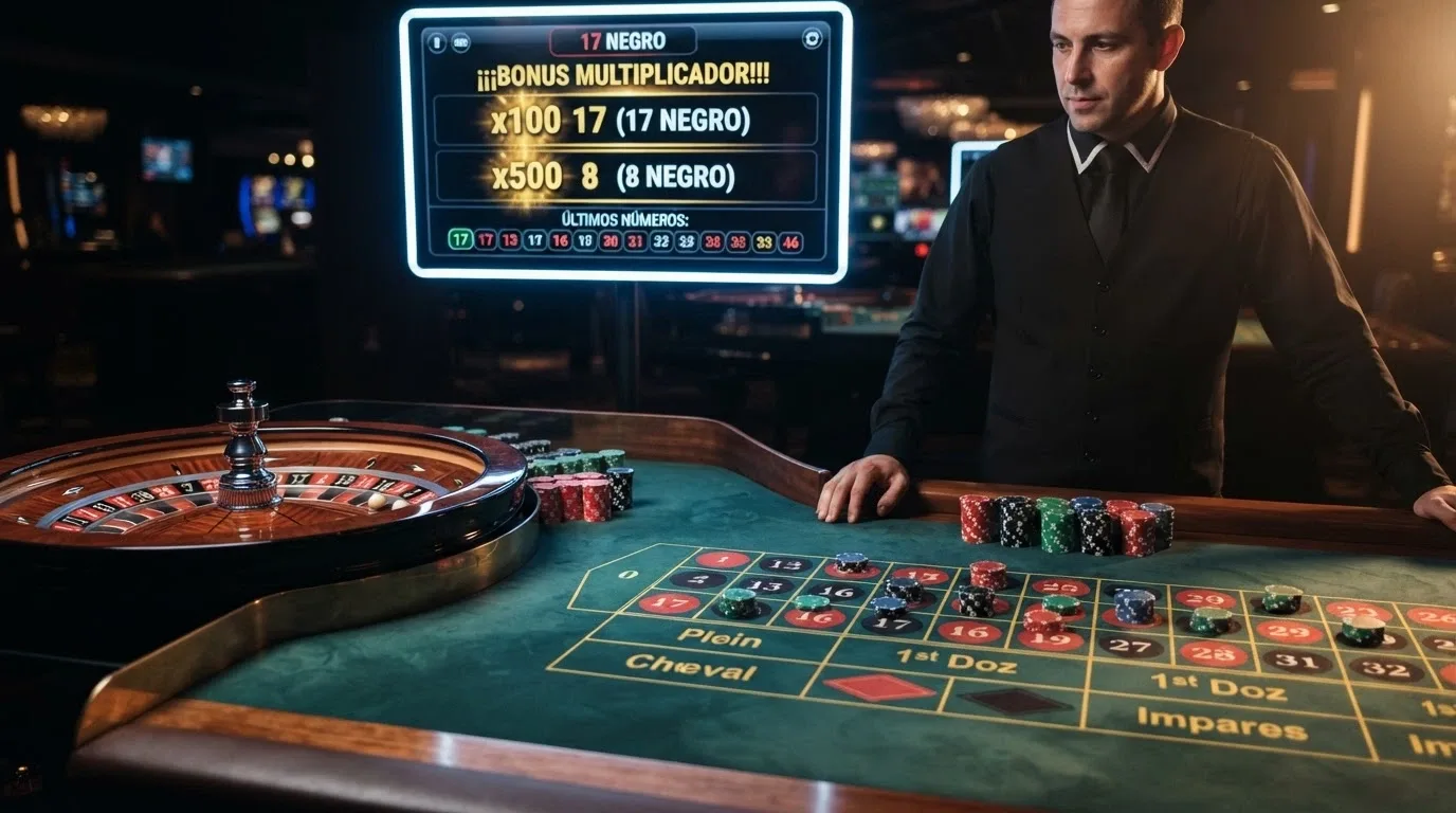Mesa de ruleta en vivo con multiplicadores activos en pantalla, interfaz de apuestas visibles, ambiente de casino real