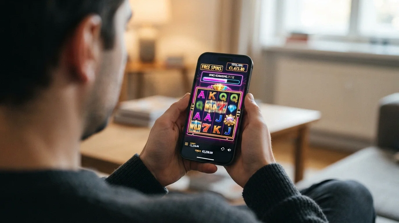 Una mano sujetando un móvil con la pantalla de una slot de casino detenida en la ronda de tiradas gratis, con la cuenta de ganancias visible en la esquina y una expresión neutra, sin euforia