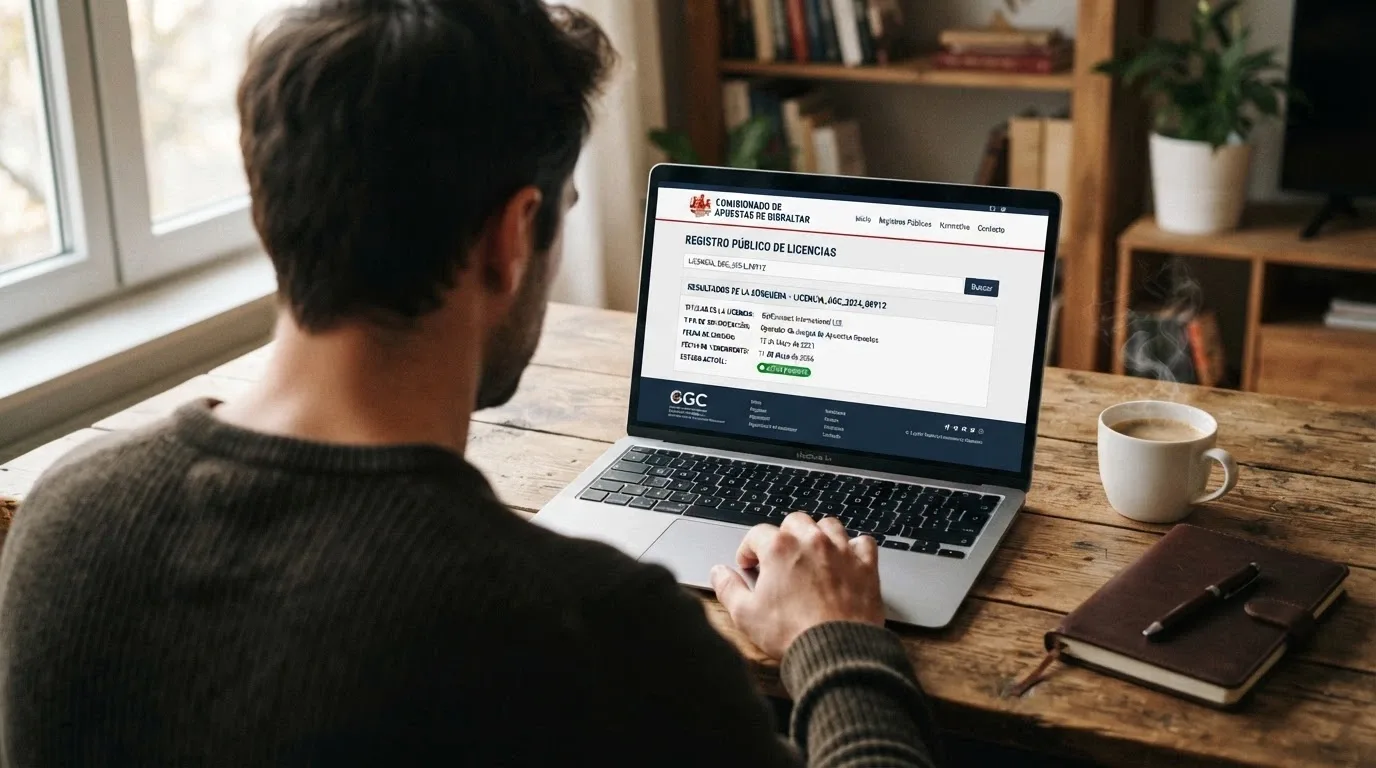 Pantalla del registro público de licencias del Gibraltar Gambling Commissioner con un número de licencia introducido