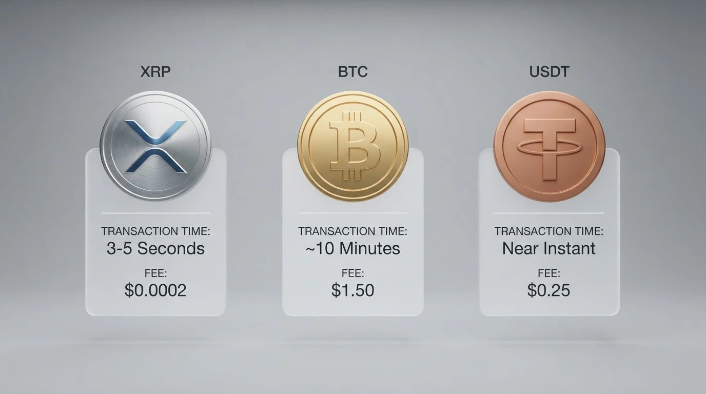 Gráfico comparativo de tres columnas con los iconos de XRP, Bitcoin y USDT, mostrando tiempo de transacción y comisión media debajo de cada uno.
